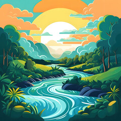 Fototapeta na wymiar a painting of a river running through a lush green forest