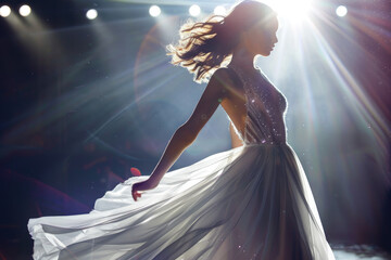 Beautiful top model girl in the fashion week runway wearing white dress