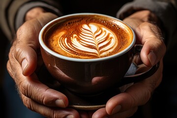 Vertical photo of a man serving milk in a cup of cappuccino in a coffee, generative IA - obrazy, fototapety, plakaty