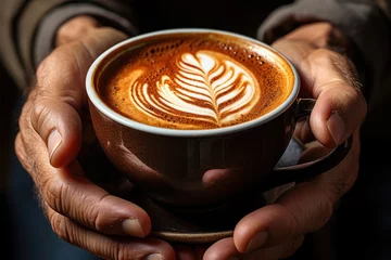 Foto op Plexiglas Vertical photo of a man serving milk in a cup of cappuccino in a coffee, generative IA © Gabriel