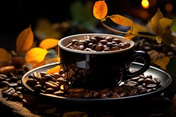 Selbstklebende Fototapete Kaffee Bar Coffee beans and black cup falling coffee grains in black cup in rustic wood style, generative IA