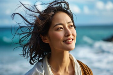Fototapeta premium 風が吹く海を背景に 微笑むアジア人女性, Generative AI