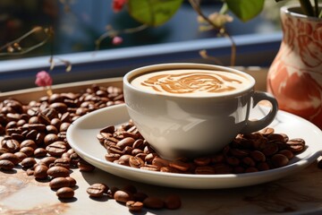 Fresh toasted coffee beans and a cup of hot coffee with foam, located on the left , generative IA