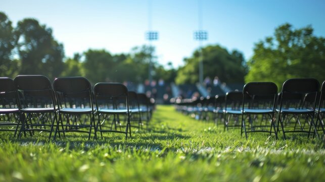 Graduation ceremony setup, chairs and podiums arranged on the field, the anticipation of celebrating academic achievements and transitions.