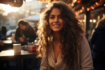 Happy young and beautiful young latin woman with long curly hair having a cappucci, generative IA