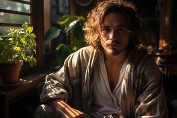 Babbudo crazy young man wearing bathrobe and a cup of coffee, generative IA