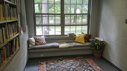 A serene reading space with scattered books and pillows, eagerly awaiting the return of students.