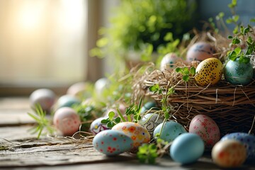 easter card, easter bunny with eggs, easter eggs and flowers, easter eggs in a basket, easter eggs and flowers on a white background, easter wall paper and background for social .