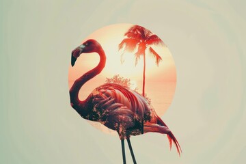 A flamingo superimposed with the silhouette of a tropical sunset in a double exposure - obrazy, fototapety, plakaty