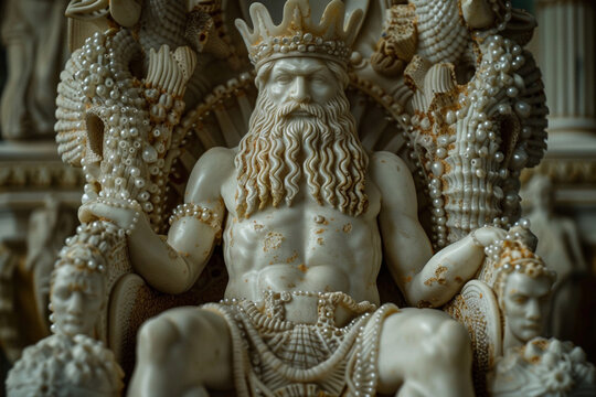 A detailed photograph of Poseidon's majestic throne, carved from coral and adorned with pearls, symbolizing his status as king of the sea, photo - Powered by Adobe