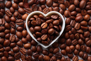 The upper view coffee beans with an empty heart give shape in the white background, generative IA - obrazy, fototapety, plakaty