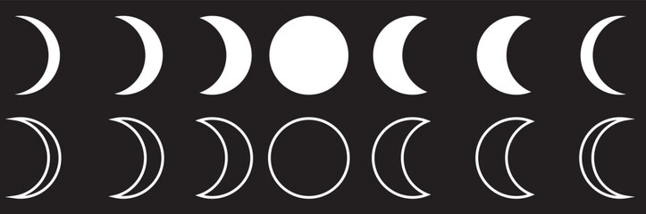 Moon phases astronomy icon silhouette symbol set. Full moon and crescent sign logo. Vector illustration. Isolated on Black background.