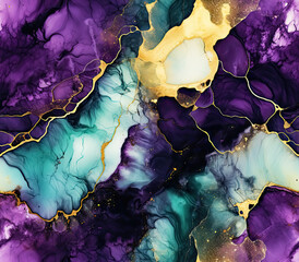 Abstract Green Gold Purple Alcohol Ink Marble Texture Seamless Pattern Background
