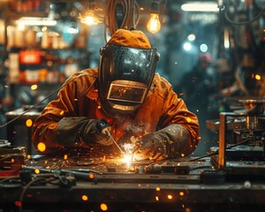 Man wearing protective equipment welding in a workshop.