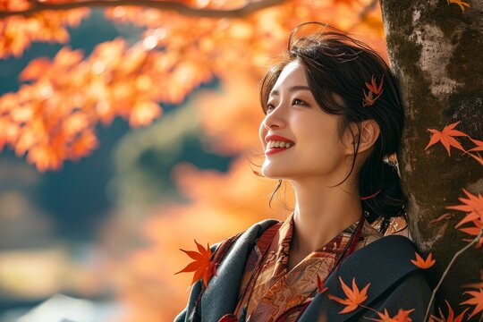 紅葉と笑顔の日本人女性, Generative AI