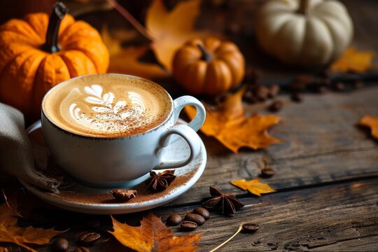 ラテアートコーヒーとかぼちゃ秋のイメージ, Generative AI