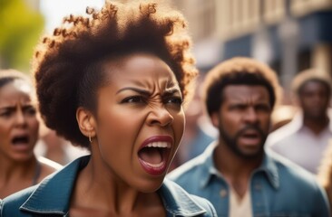 angry black protester screaming on street. female activist protesting against rights violation - obrazy, fototapety, plakaty