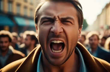 activist protesting against rights violation. angry Caucasian protester screaming on street, closeup - obrazy, fototapety, plakaty