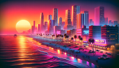 The stylized 3D art image of Vice City in the year 1984, showcasing the beachside drenched in sunset hues and capturing the vibrant