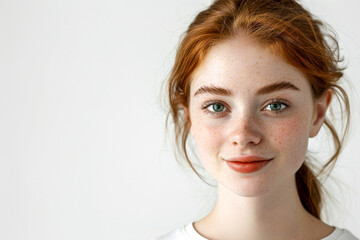 Redheaded young woman with freckles smiling - obrazy, fototapety, plakaty
