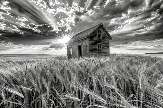 Black and white image captures decaying wooden house amidst wheat field under dynamic sky