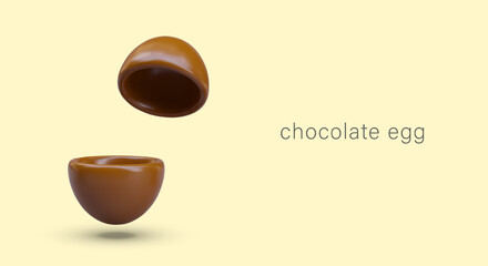 Empty chocolate egg halves. Vector mockup of edible sweet packaging for children surprise