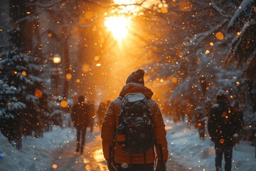 A tourist walking with a backpack through a snowy winter forest at sunset