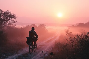 silhouette of a bike traveler riding a bicycle across a field at a foggy pink dawn