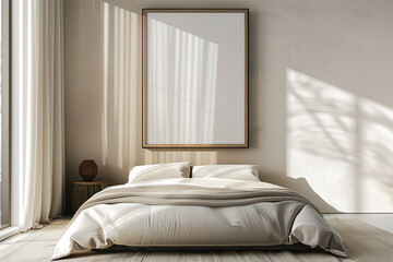 clean neutral tone bedroom with empty picture frame above white bed, with light through window