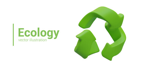 Ecological concept. Green recycling sign. 3D symbol, three arrows arranged in circle