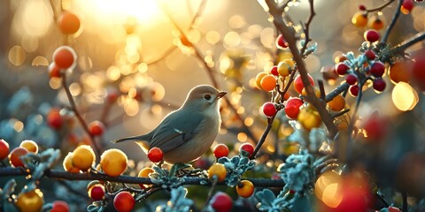 A perching bird with feathers sits on a branch of a tree adorned with berries.
 - obrazy, fototapety, plakaty