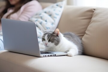 A domestic cat lying on a sofa and pawing at a laptop screen. Cat Curiously Using a Laptop