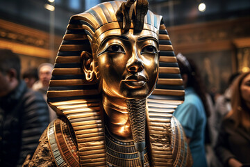Pharaoh Tutankhamen in a dark museum room. - obrazy, fototapety, plakaty
