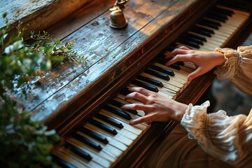 closeup of graceful hands playing on the keys of an old shabby piano