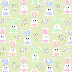 Easter bunnies in a pattern.Vector seamless pattern with white Easter bunnies and flowers.