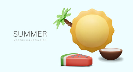 Creative summer vacation, sale advertising. Giant sun, palm tree, slice of watermelon, half coconut