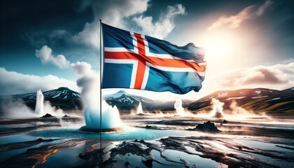 Icelandic flag close-up with geysers and volcanoes, showcasing geological majesty - obrazy, fototapety, plakaty