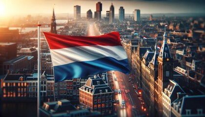 The flag of the Netherlands stands out against a cityscape, symbolizing national pride amid urban progress - obrazy, fototapety, plakaty