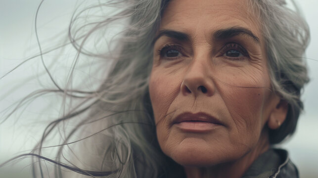 Elderly woman with windswept gray hair looking thoughtful