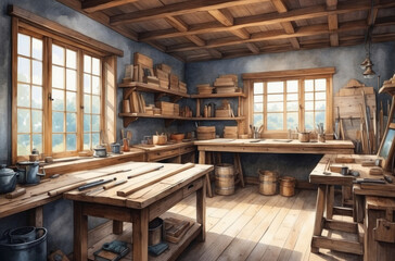 medieval carpentry workshop watercolor background - obrazy, fototapety, plakaty