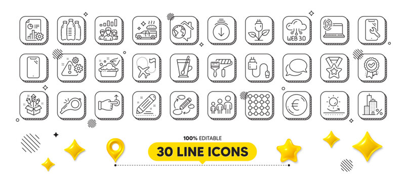 Charging cable, Brand contract and Food delivery line icons pack. For web app. 3d design elements. Vector