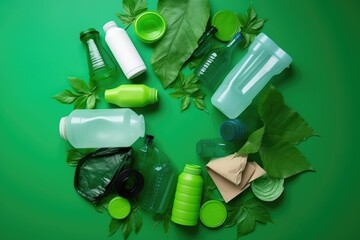 A variety of plastic containers and bottles on a vibrant green background, ready for recycling. Collection of Green Plastic Objects for Recycling