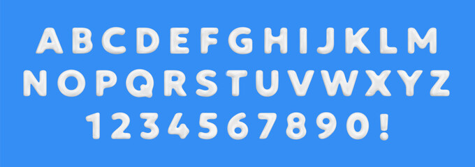 Vector realistic abc illustration of white color glossy letter and number. 3d style design of font collection letter and number on blue background. Complete alphabet in cartoon style