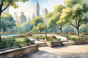 New York  city Central park in 1930s watercolor background