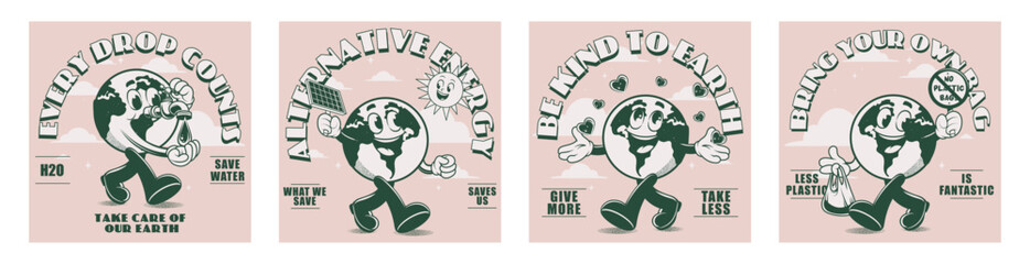 Collage retro posters with funny walking comic characters, care for the enviroment . Save water, recycle, less plastic, alternative energy. Eco save planet, Earth day concept. Set in vintage style	