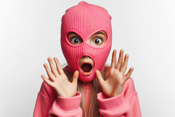 girl in a pink robber mask with a shocked expression isolated on solid white background. ai generative - obrazy, fototapety, plakaty