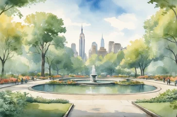 Fototapete Aquarellmalerei Wolkenkratzer New York  city Central park in 1930s watercolor background