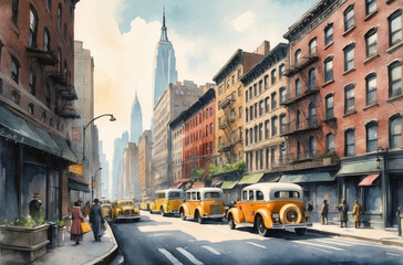 New York  city in 1930s watercolor background