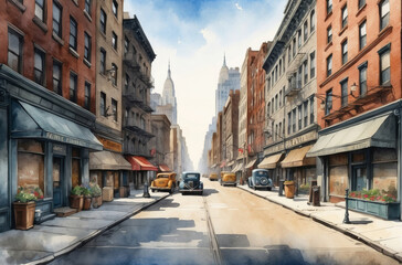 Fototapeta na wymiar New York city in 1930s watercolor background