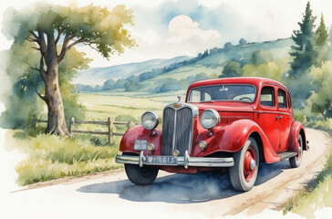 1930s old red car on the road watercolor